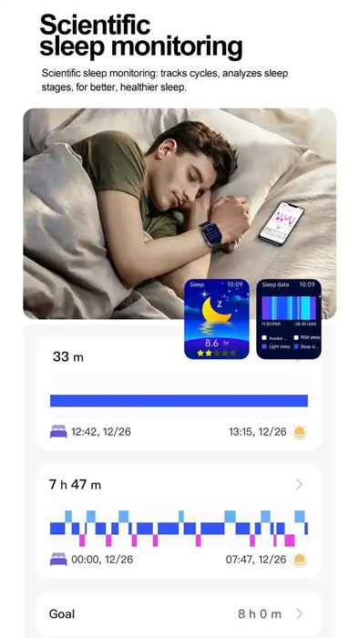 Man sleeping with TUTT E7 ECG smartwatch, scientific sleep monitoring app on phone, data charts TUTT