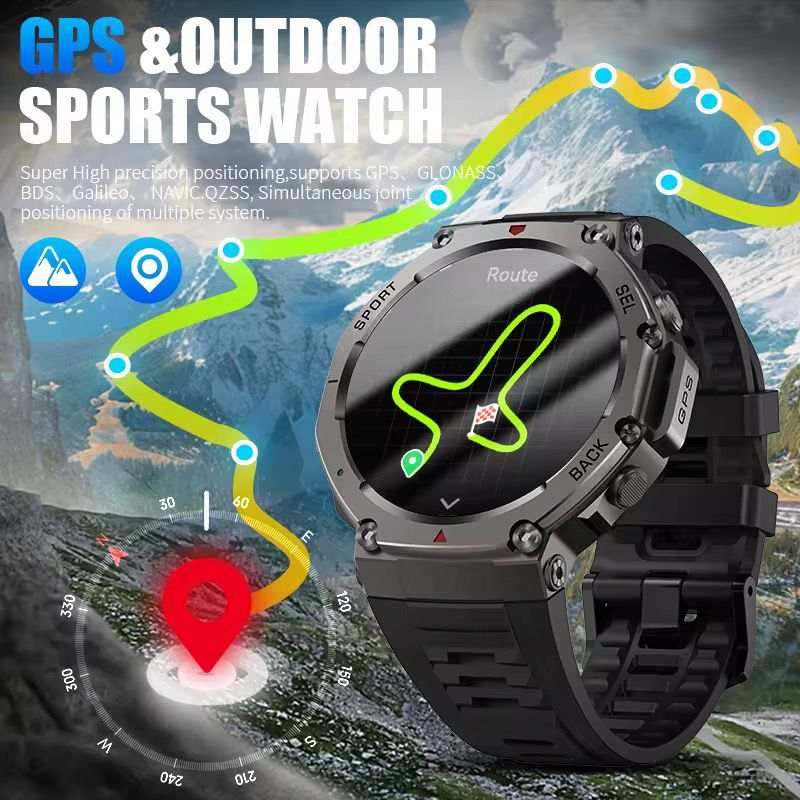 Black GPS outdoor sports watch showing mapped route on screen against mountain background with route path overlay TUTT