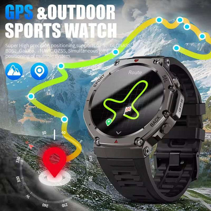 Black GPS outdoor sports watch showing mapped route on screen against mountain background with route path overlay TUTT