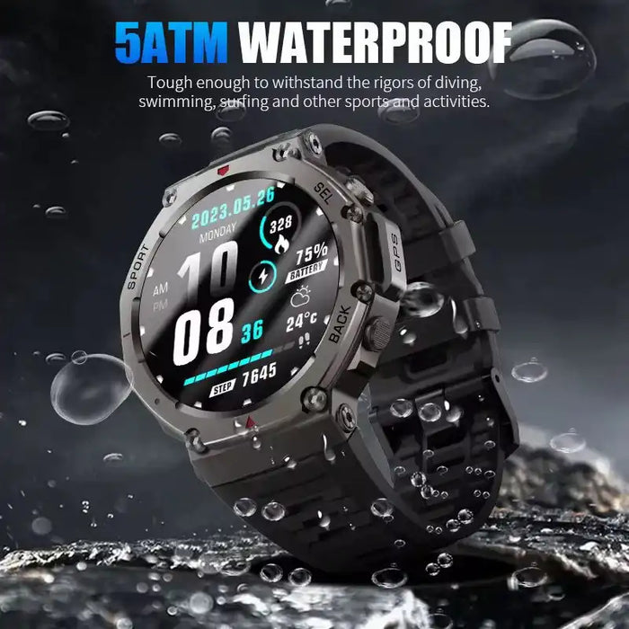 Black GPS smart watch with digital display showing date, time, steps, battery, and weather, water droplets on and around watch, 5ATM waterproof text TUTT