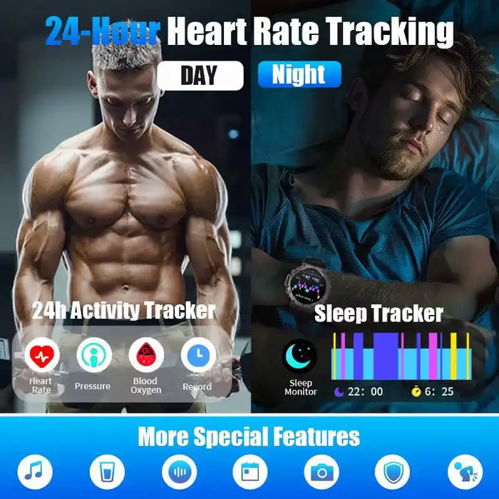 Fitness smartwatch showing 24-hour heart rate tracking with day activity and night sleep monitoring features TUTT