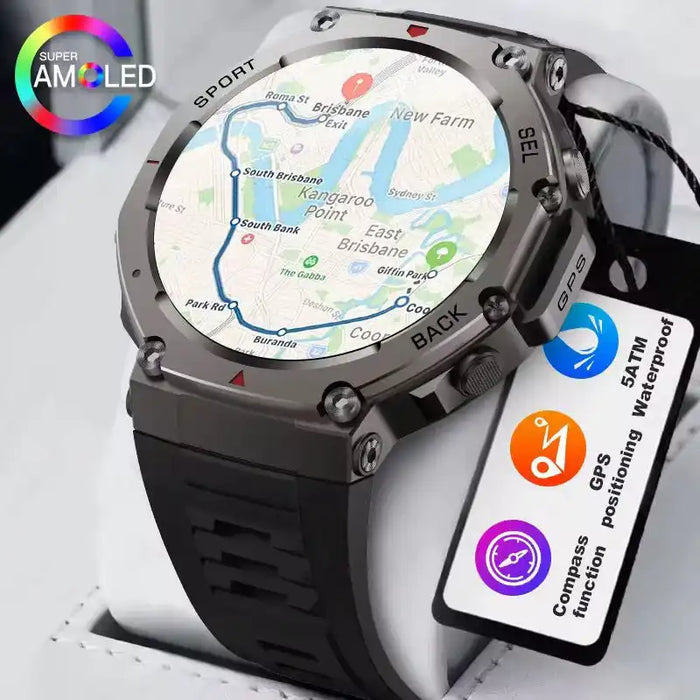 Black GPS smartwatch with rugged metal frame and silicone strap displaying a Brisbane map with navigation route, featuring Super AMOLED display and waterproof, compass, GPS functions tag TUTT