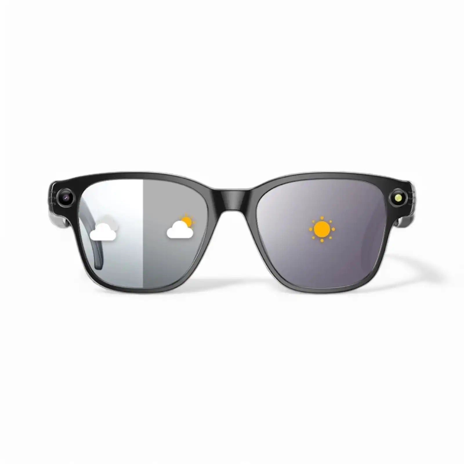 Black smart glasses with gradient lenses, weather icons on each lens, white background, TUTT