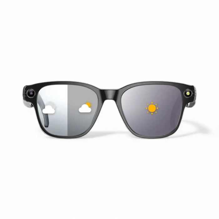 Black smart glasses with gradient lenses, weather icons on each lens, white background, TUTT