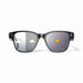 Black smart glasses with gradient lenses, weather icons on each lens, white background, TUTT
