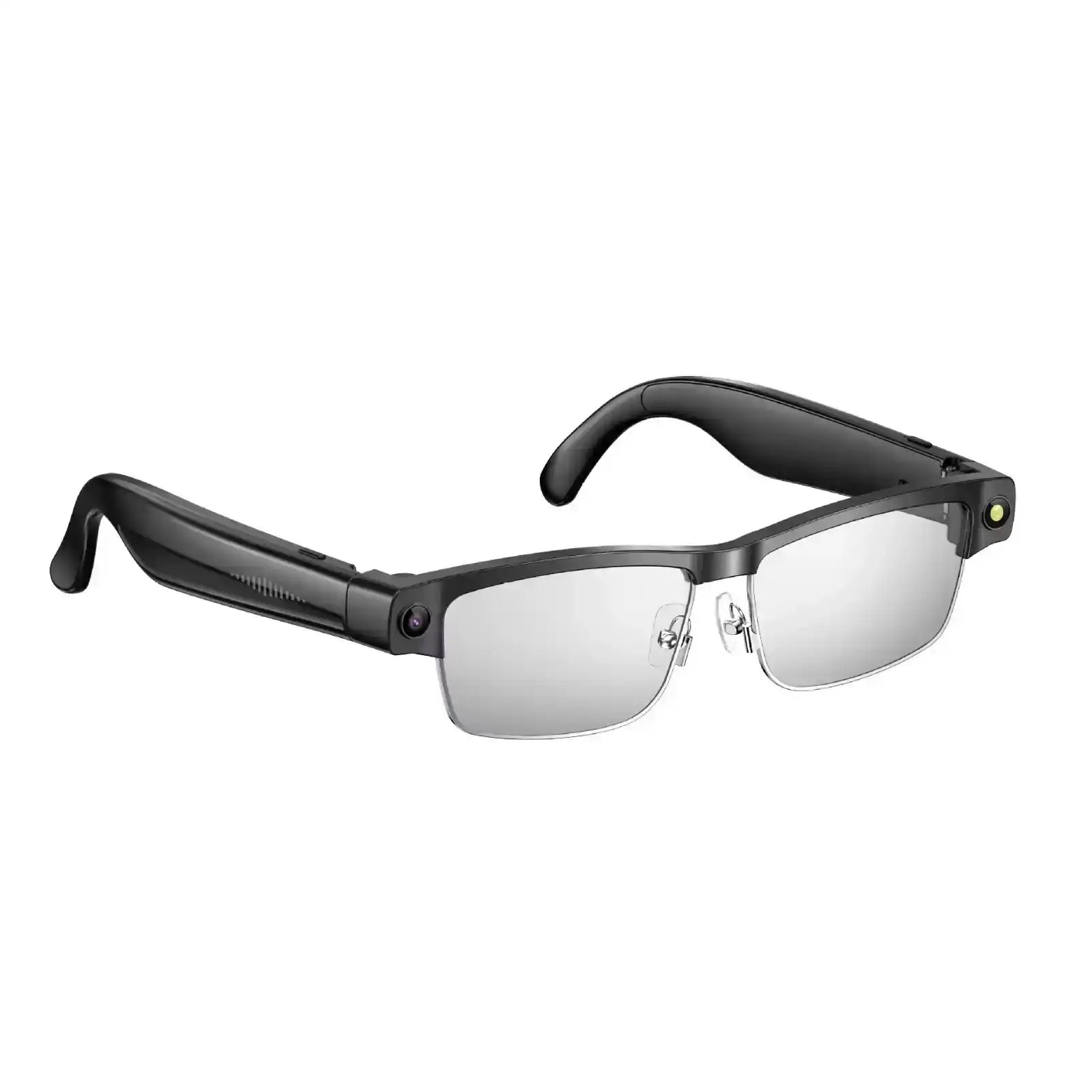 Black AI smart glasses with gradient lenses on white background, modern wearable tech TUTT
