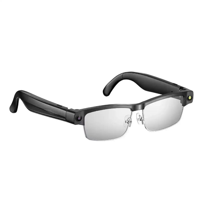 Black AI smart glasses with gradient lenses on white background, modern wearable tech TUTT