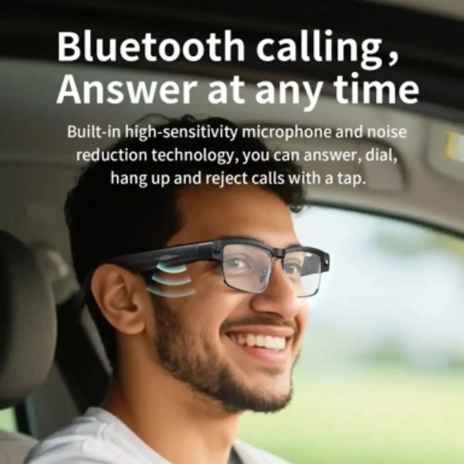 Man driving car wearing smart Bluetooth AI glasses with gradient lenses, smiling, TUTT