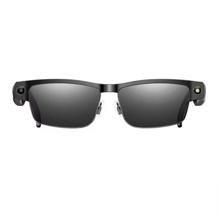 Smart AI glasses with black frame and gradient lenses, front view, on white background TUTT