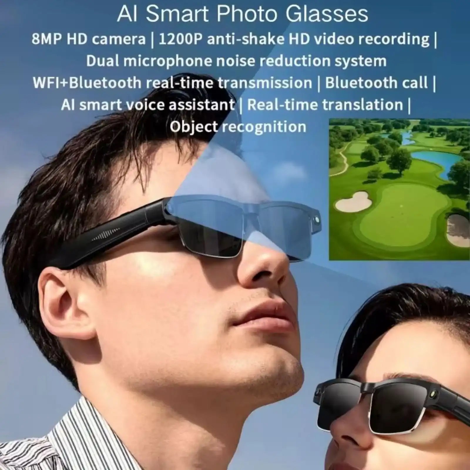 Two people wearing AI smart photo glasses with gradient lenses outdoors, tech features listed. TUTT