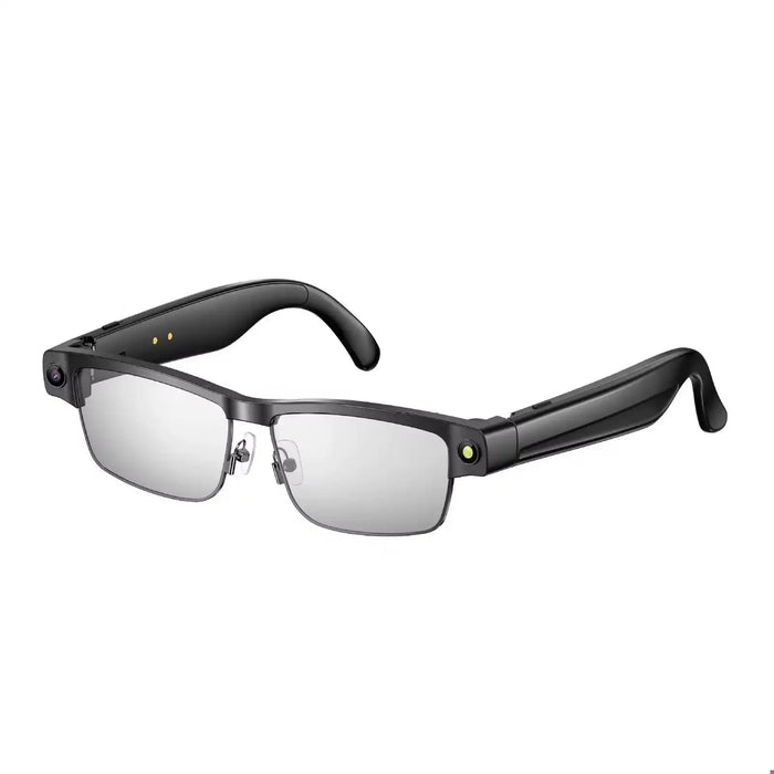 Smart AI glasses with black frame, gradient lenses, and built-in camera on white background TUTT