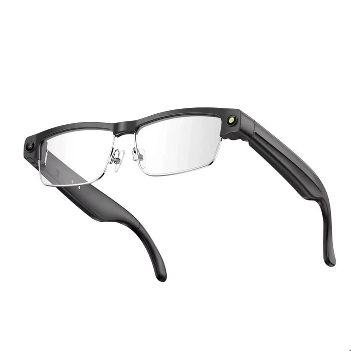 Black smart AI glasses with clear gradient lenses and built-in camera on white background TUTT
