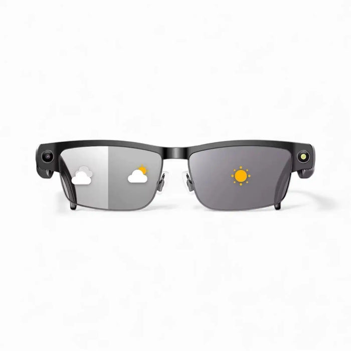 Smart black AI glasses with gradient lenses and weather icons on each lens, white background TUTT