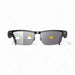 Smart black AI glasses with gradient lenses and weather icons on each lens, white background TUTT