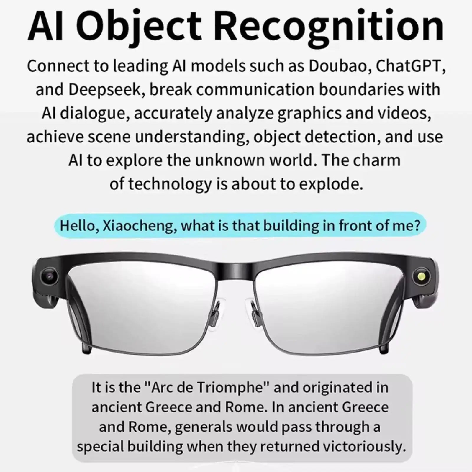 AI smart glasses with gradient lenses and object recognition features, text overlays on technology. TUTT