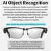 AI smart glasses with gradient lenses and object recognition features, text overlays on technology. TUTT