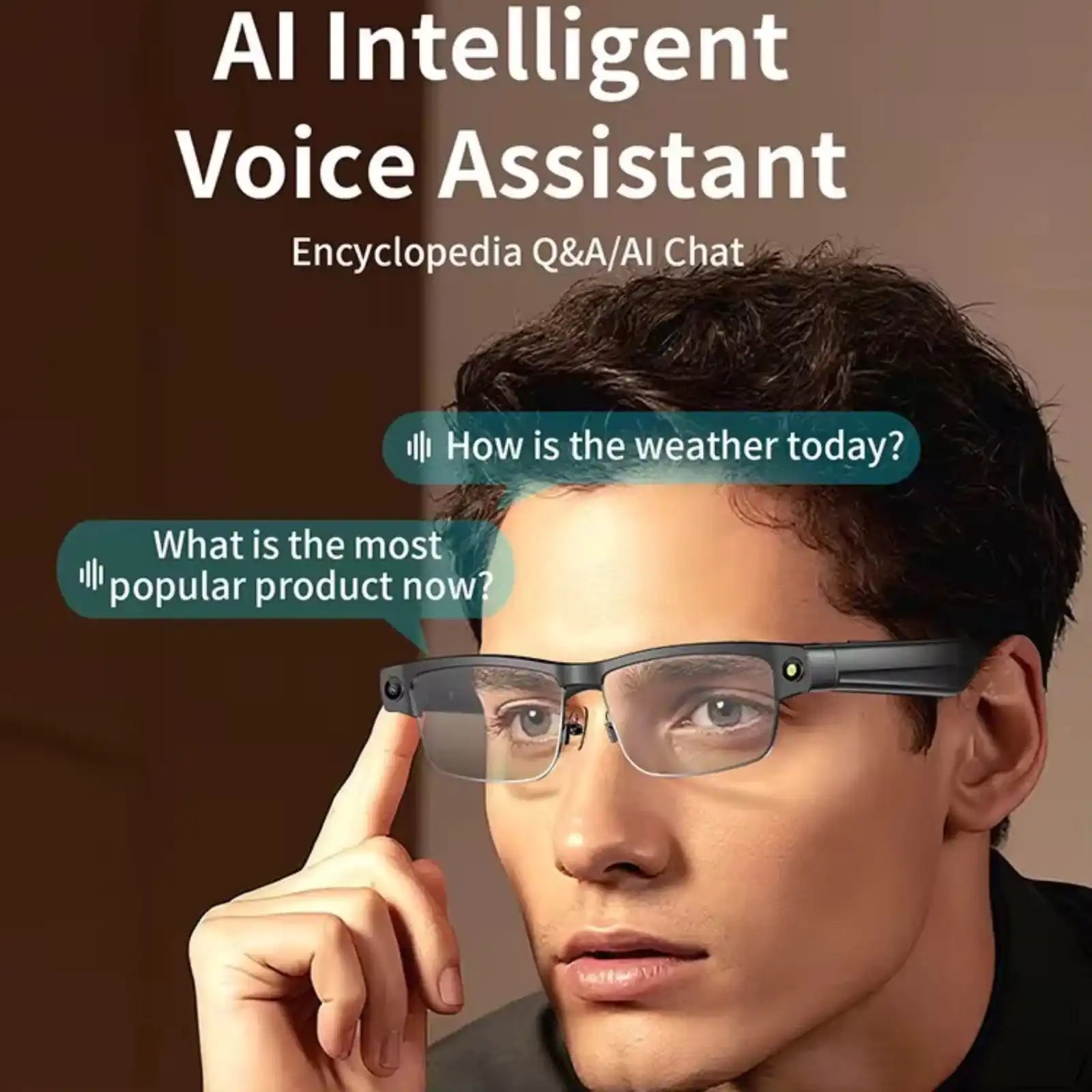 Man wearing AI smart glasses with gradient lenses using voice assistant features, TUTT