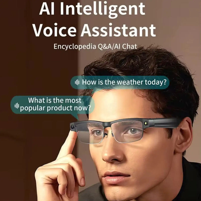 Man wearing AI smart glasses with gradient lenses using voice assistant features, TUTT
