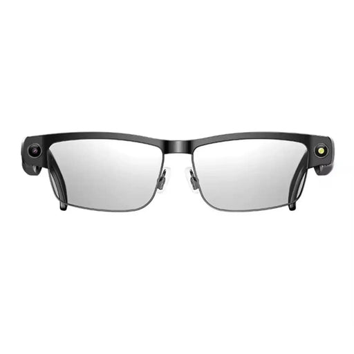 Smart AI glasses with black frame and gradient lenses on white background TUTT