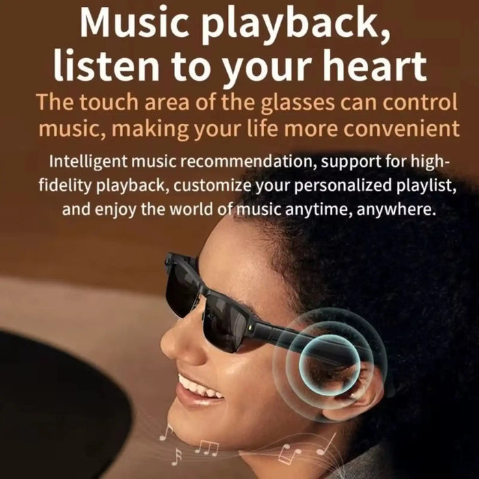 Smiling person wearing smart AI glasses with gradient lenses, music playback control feature, TUTT