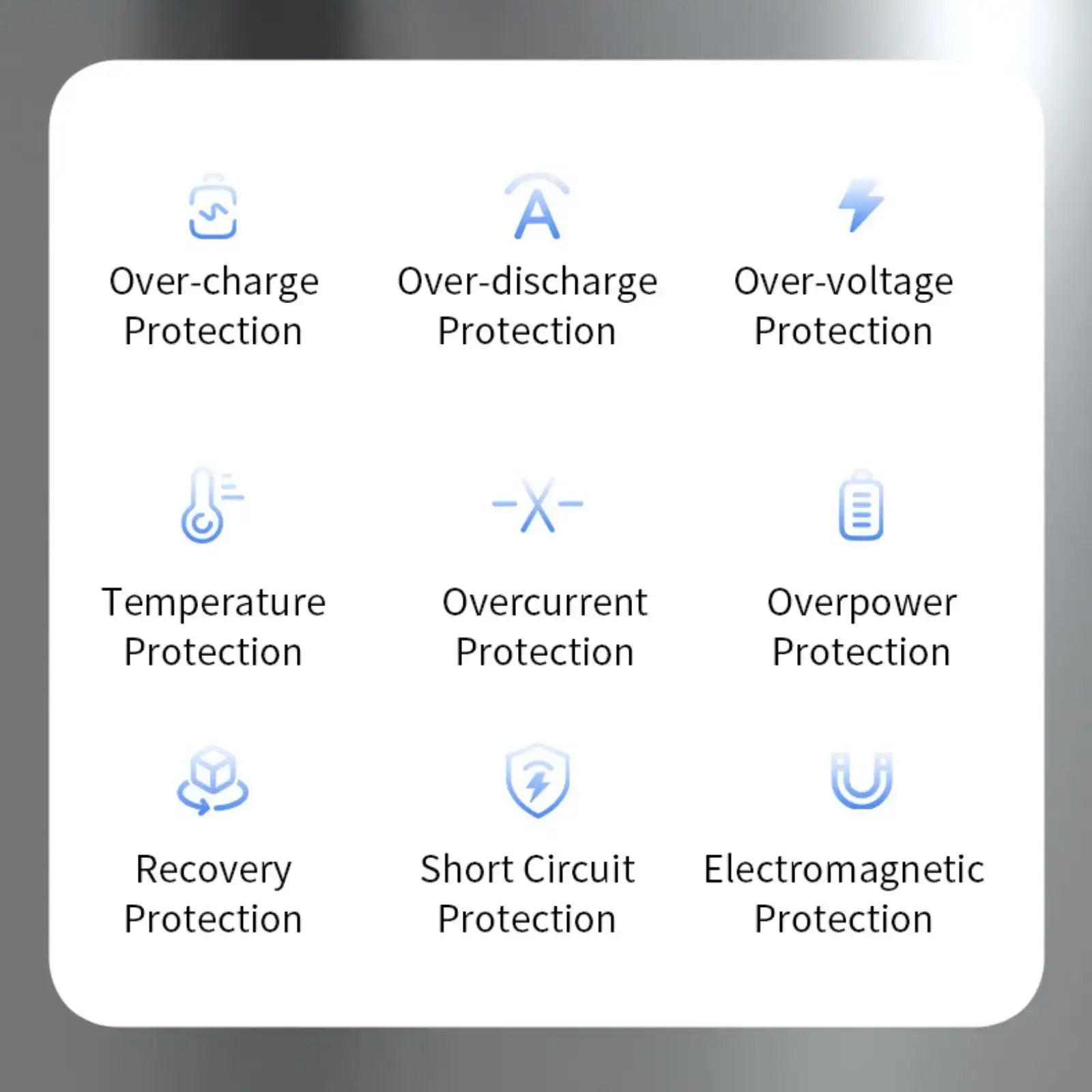 Icons and text showing nine protection features: over-charge, over-discharge, over-voltage, temperature, overcurrent, overpower, recovery, short circuit, electromagnetic protection TUTT