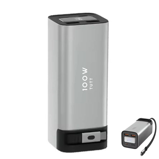 Silver and black 100W portable laptop power bank with USB ports and digital display TUTT