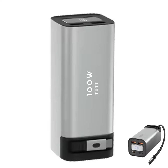 Silver and black 100W portable laptop power bank with USB ports and digital display TUTT