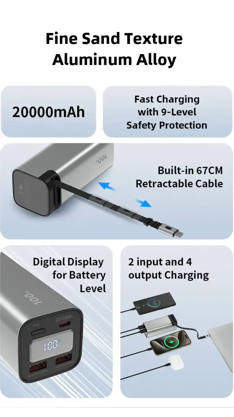Aluminum alloy 20000mAh power bank with fine sand texture, built-in 67cm retractable cable, digital battery display, fast charging, 2 inputs and 4 outputs TUTT