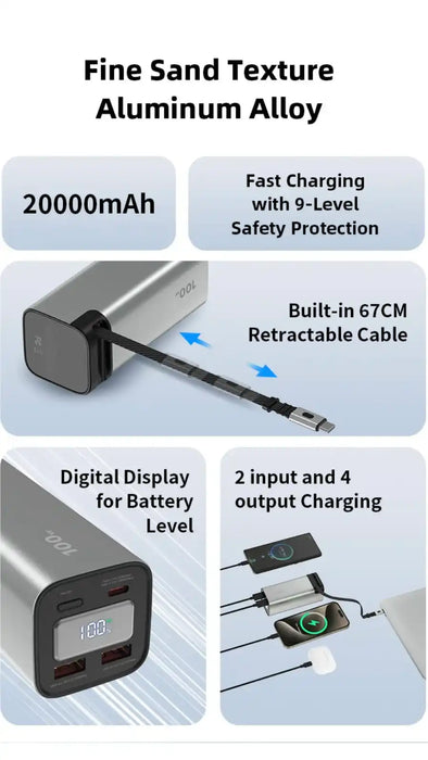 Aluminum alloy 20000mAh power bank with fine sand texture, built-in 67cm retractable cable, digital battery display, fast charging, 2 inputs and 4 outputs TUTT