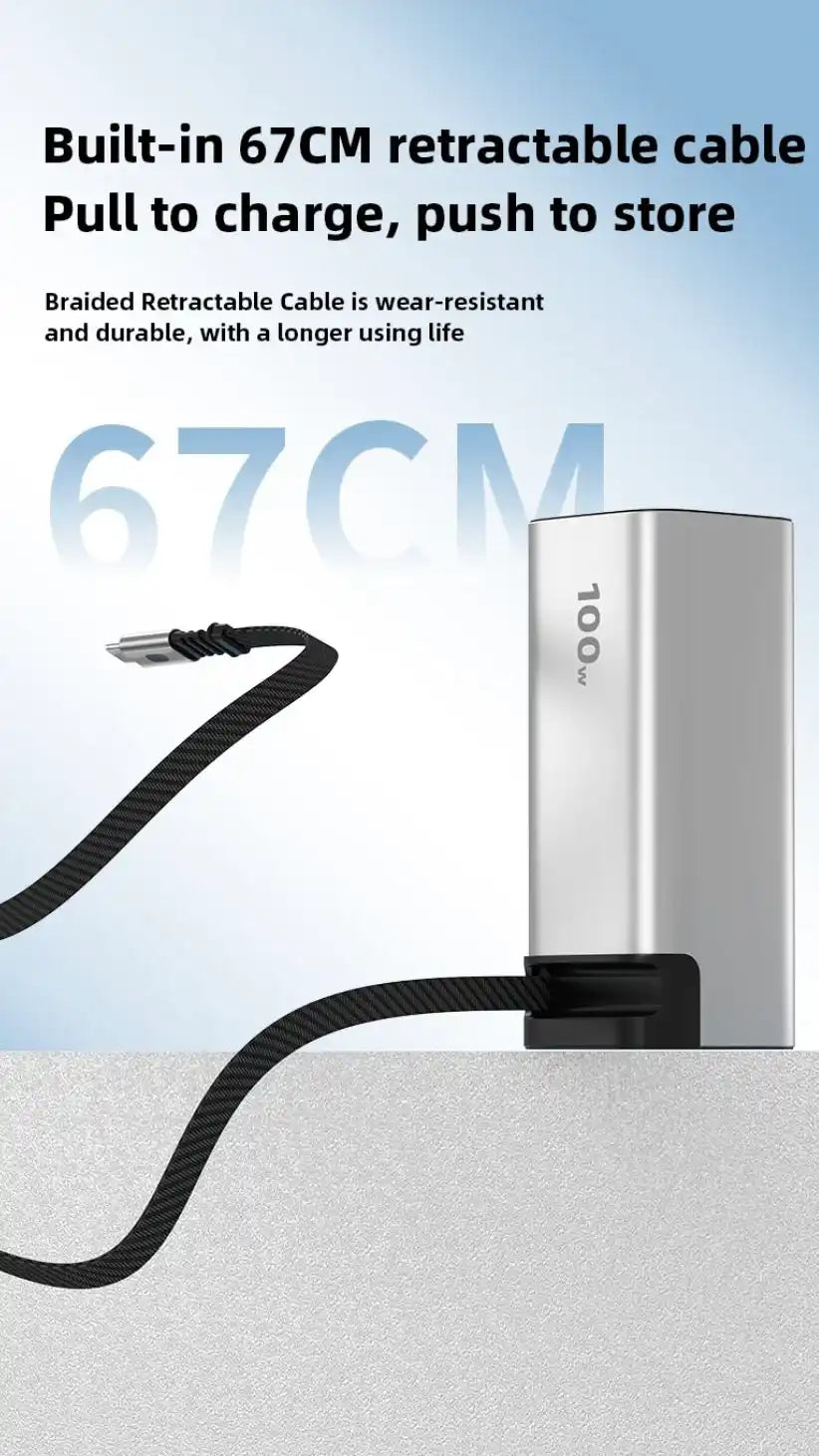 Silver 100W power bank with built-in 67CM braided retractable charging cable on light background TUTT
