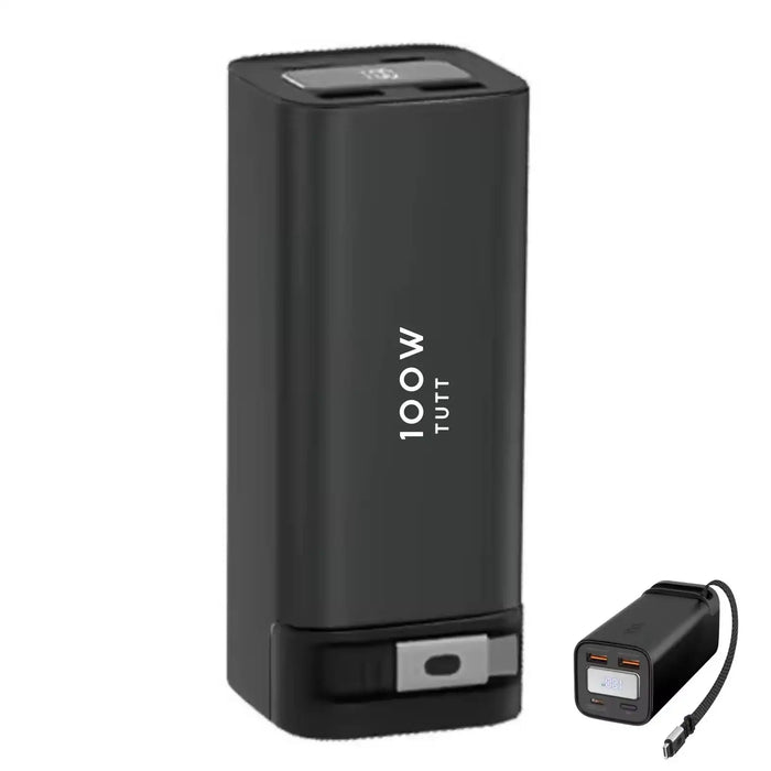 Black 100W portable laptop power bank with digital display and USB-C cable TUTT
