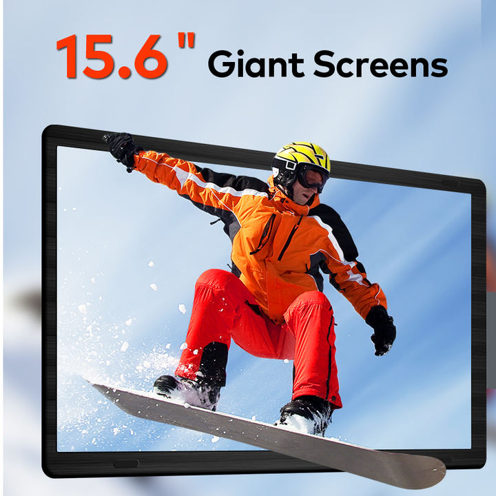15.6 inch portable monitor showing snowboarder in orange jacket and red pants jumping on snow with blue sky background TUTT