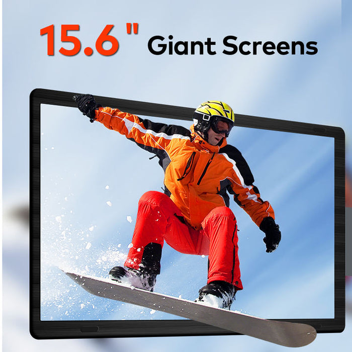 15.6 inch portable monitor showing snowboarder in orange jacket and red pants jumping on snow with blue sky background TUTT