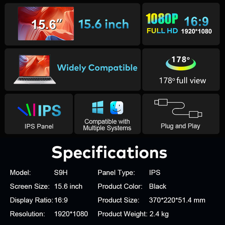 Portable 15.6 inch IPS panel monitor with 1080P full HD, 16:9 ratio, 178° view, plug and play, compatible with multiple systems, model S9H black TUTT