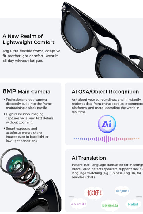 TUTT Ai Smart Glasses, Chat GPT | 8MP Camera Sunglasses Photo, Video, Music & Call Features, Ai Translator | Anti-Blue Light Touch Control M1