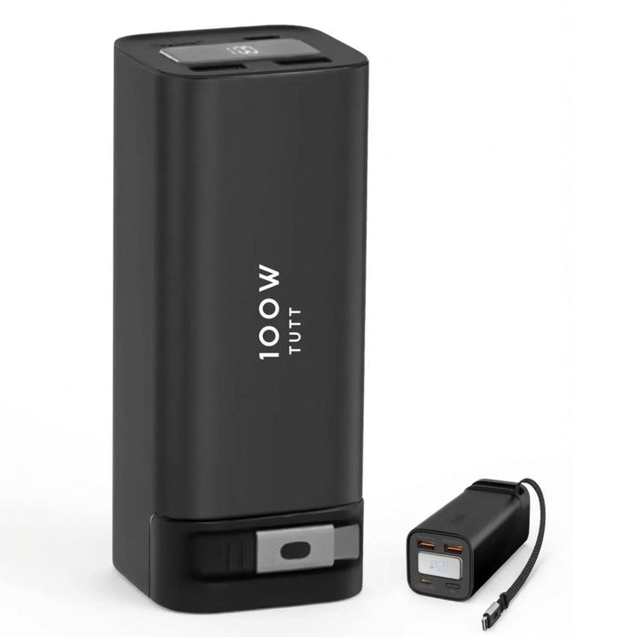 Black power bank with '100W TUTT' branding on a white background