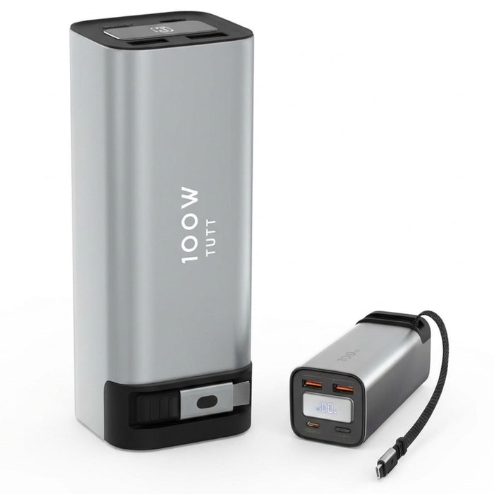 Two power banks, one larger and one smaller, on a white background with '100W TUTU' branding.
