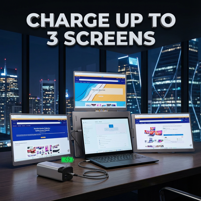 Multiple screens displaying different interfaces with a cityscape in the background and text 'Charge up to 3 screens'. TUTT Monitor, Laptop Power Bank 100W 20,000mAh Retractable Cable LCD Display L1