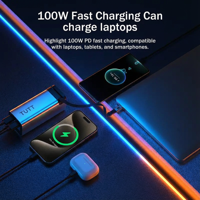 100W fast charging cable with devices on a dark background TUTT Monitor, Laptop Power Bank 100W 20,000mAh Retractable Cable LCD Display L1
