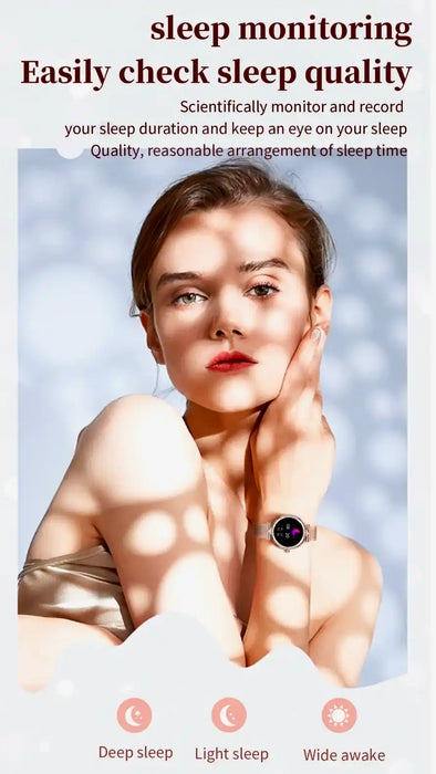 Woman wearing TUTT NX17 Pro Smart Watch for women with sleep monitoring feature, soft light, TUTT