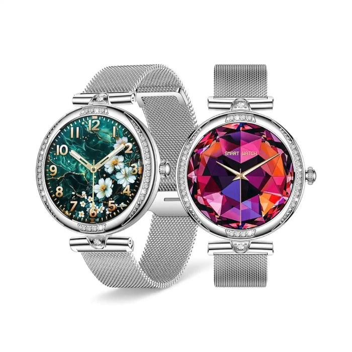 Two TUTT NX17 Pro smart watches for women with silver mesh bands, floral and geometric dials TUTT