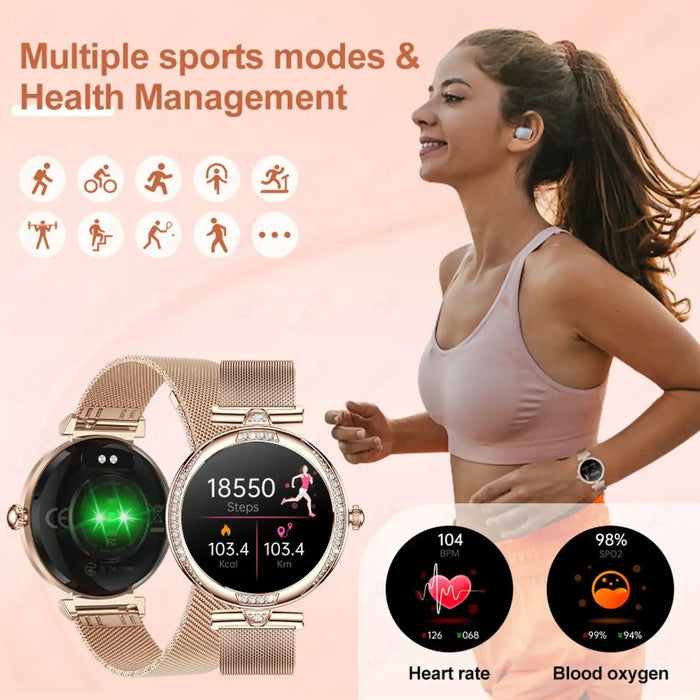 Woman running wearing TUTT NX17 Pro Smart Watch, showing fitness tracking features, heart rate and SpO2. TUTT