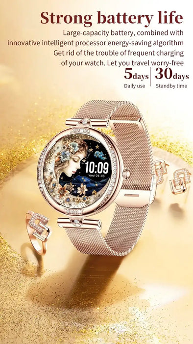 Rose gold TUTT NX17 Pro Smart Watch for women with floral face design on gold glitter background, jewelry accents. TUTT