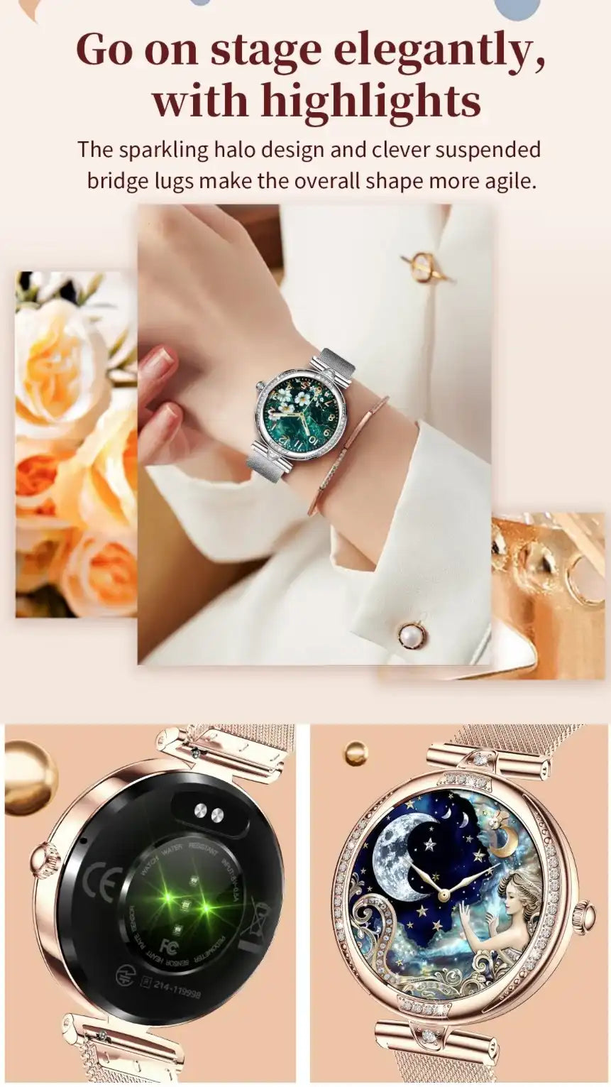 Elegant women's smart watch with floral and moon-themed dials, rose gold metal band, TUTT