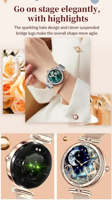 Elegant women's smart watch with floral and moon-themed dials, rose gold metal band, TUTT