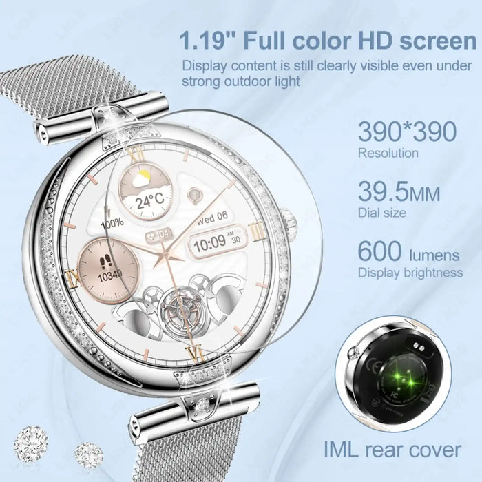 TUTT NX17 Pro Smart Watch for women with silver mesh band, crystal bezel, HD screen, and features display. TUTT