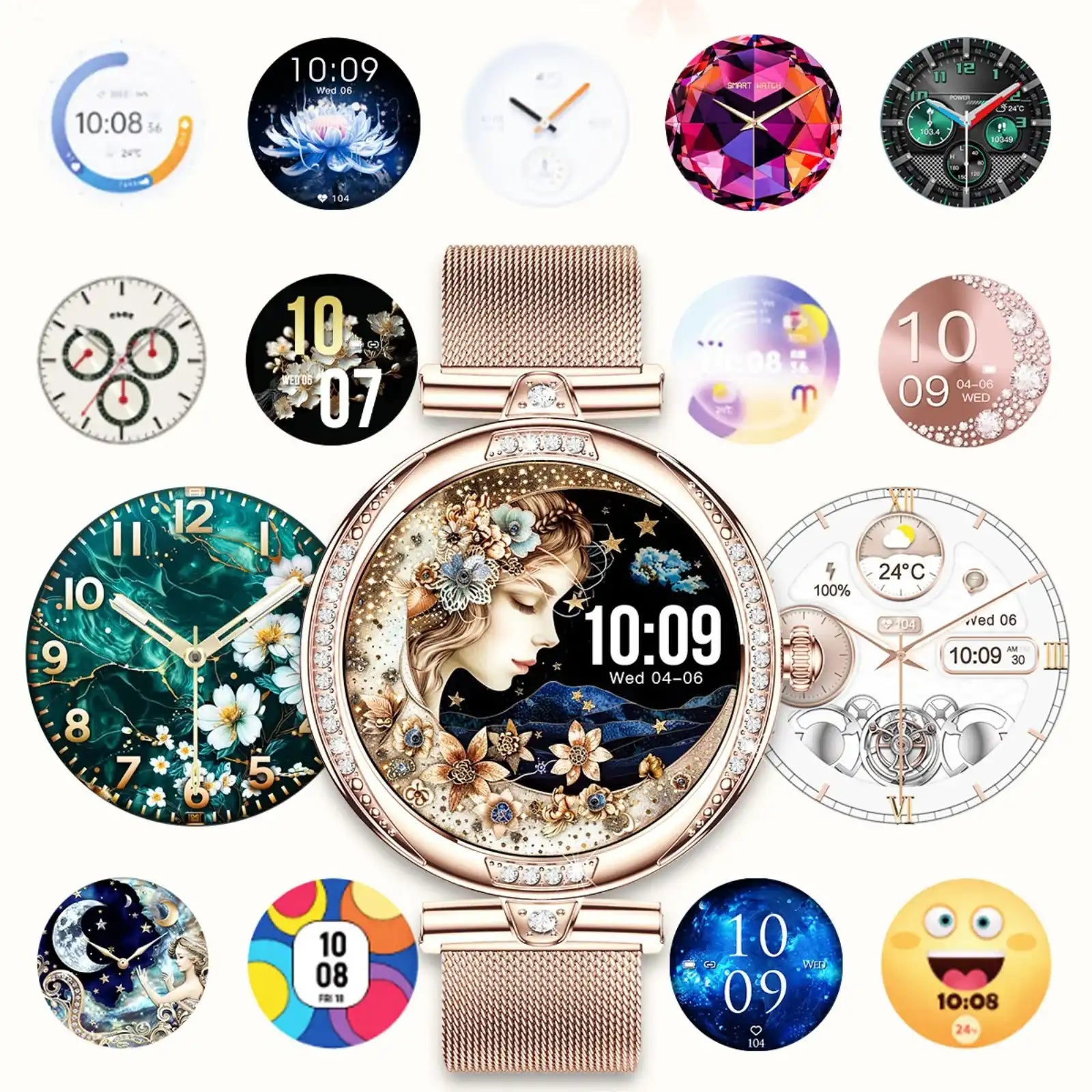 TUTT NX17 Pro smart watch for women with gold mesh band and multiple colorful watch faces, TUTT