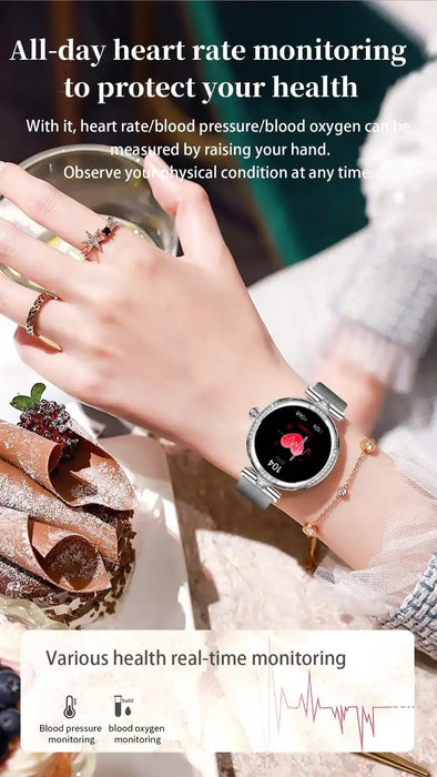 Woman wearing TUTT NX17 Pro smart watch with heart rate monitor display, dessert in background, TUTT