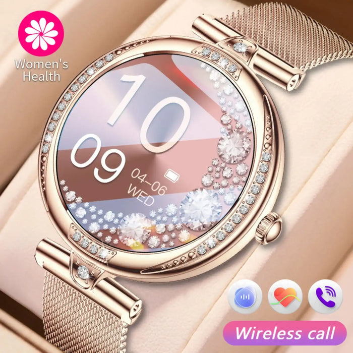 Rose gold women's smart watch with crystal accents, mesh band, and wireless call feature, TUTT