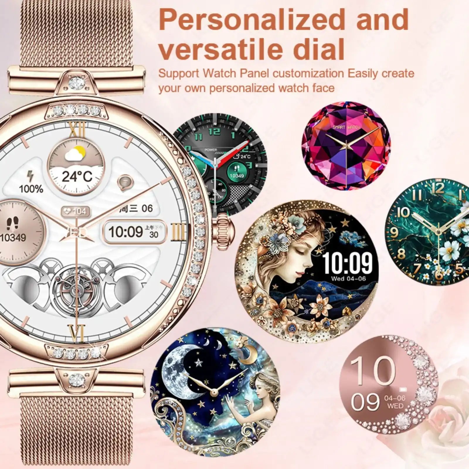 Rose gold TUTT NX17 Pro smart watch for women with multiple customizable dials, floral and digital designs, on a mesh band, shown with various watch face options. TUTT